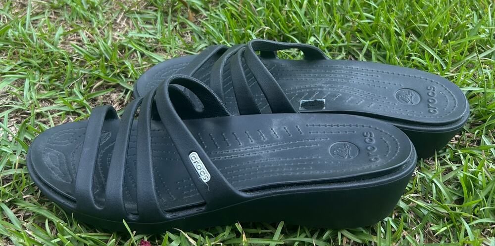 CROCS Womens Size 11 Rhonda Wedge Slip On Strappy  Sandals Slides Open Toe Black